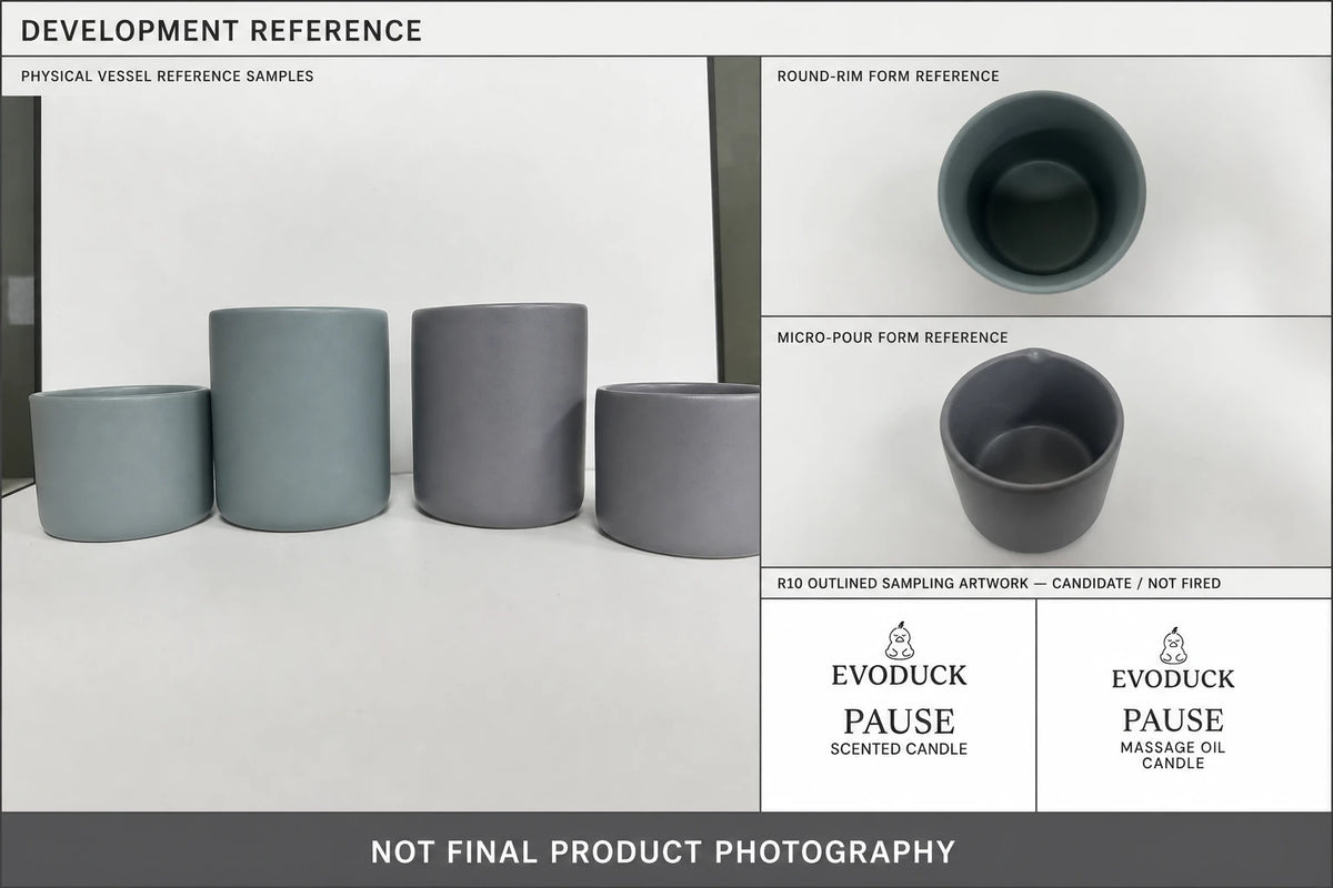 Development Reference / 开发参考: unfilled physical vessel references beside labeled R10 outlined artwork Candidate; not final EVODUCK products.