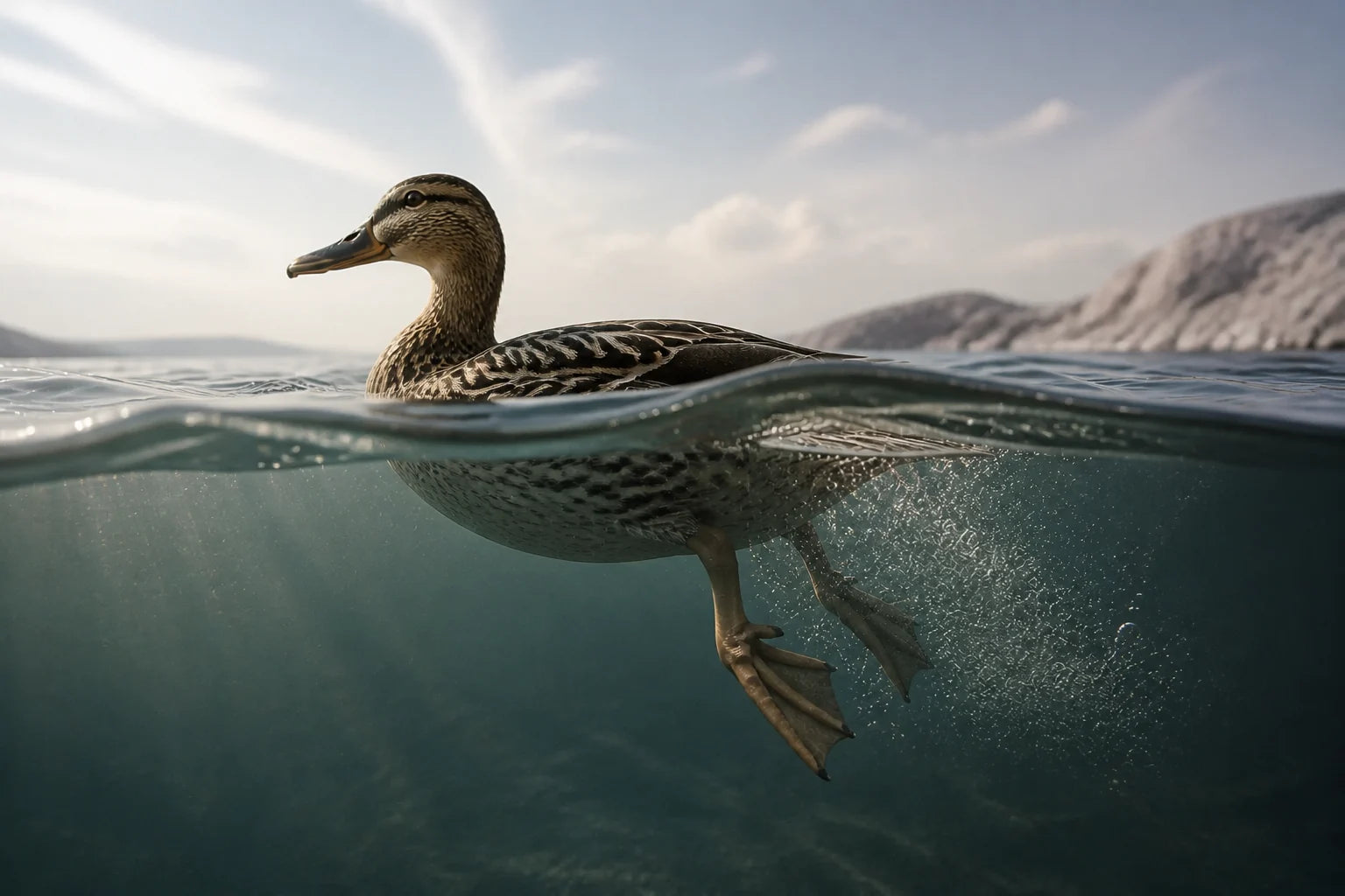 A duck gliding above the water while its feet paddle beneath the same surface