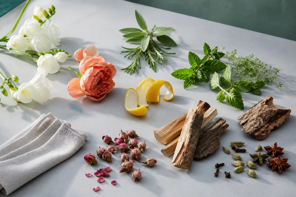 AI editorial visual: flowers, woods, citrus peel, herbs, textiles, and spices arranged as scent-description references, not ingredient claims.