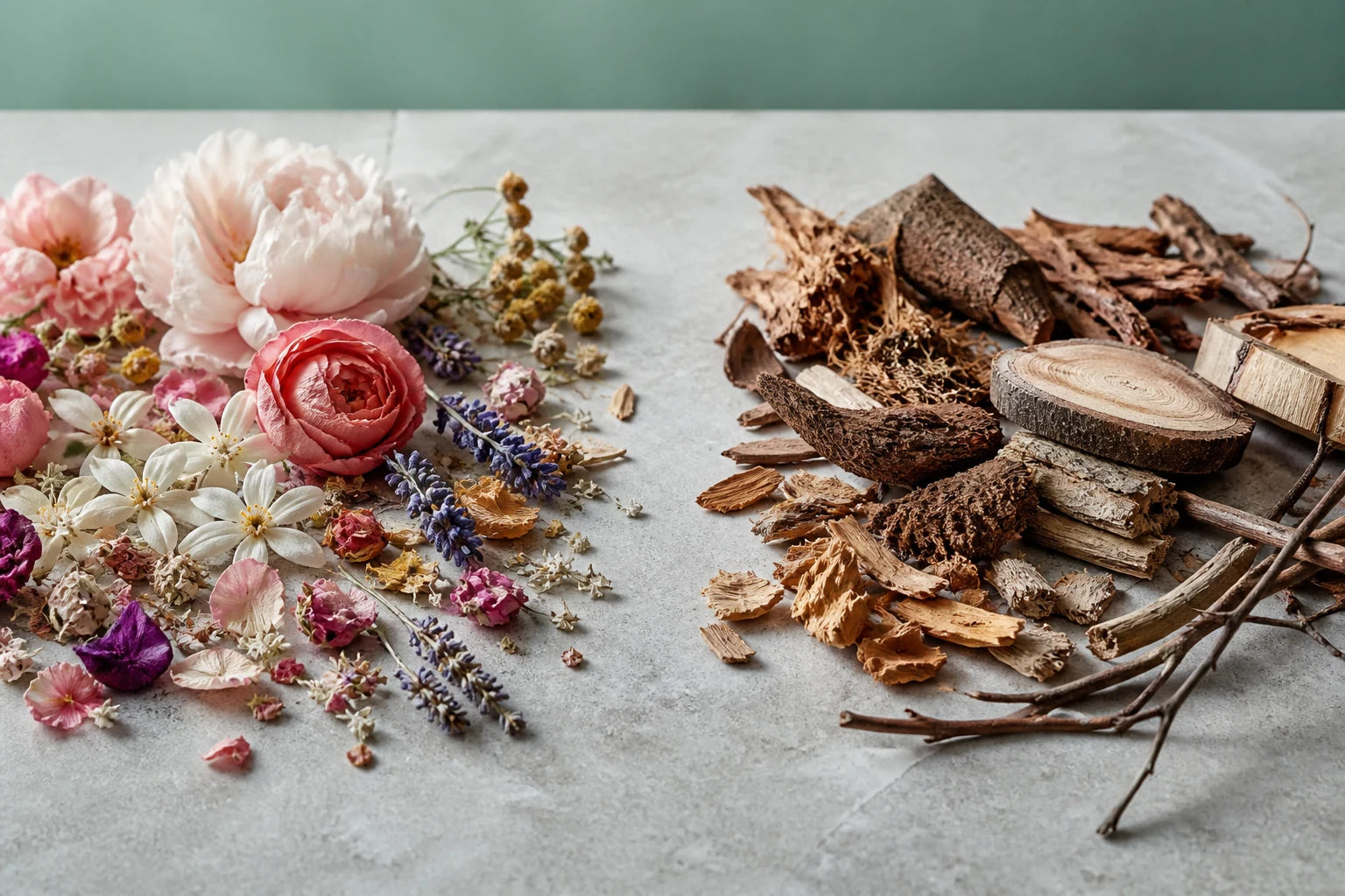 AI editorial visual: floral references and dry wood references arranged side by side for scent comparison, not exact ingredients.