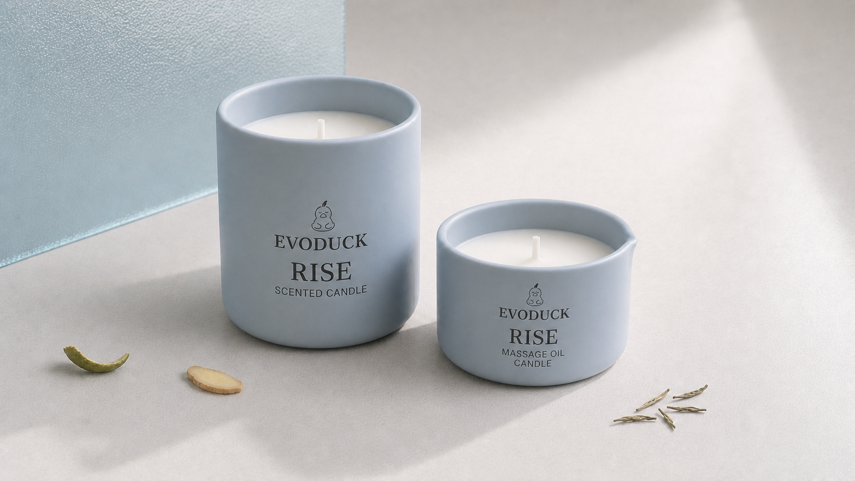 AI Product Visual / 产品效果图: RISE Room and Body candles in clear side light; illustrative styling, not ingredient or performance proof.