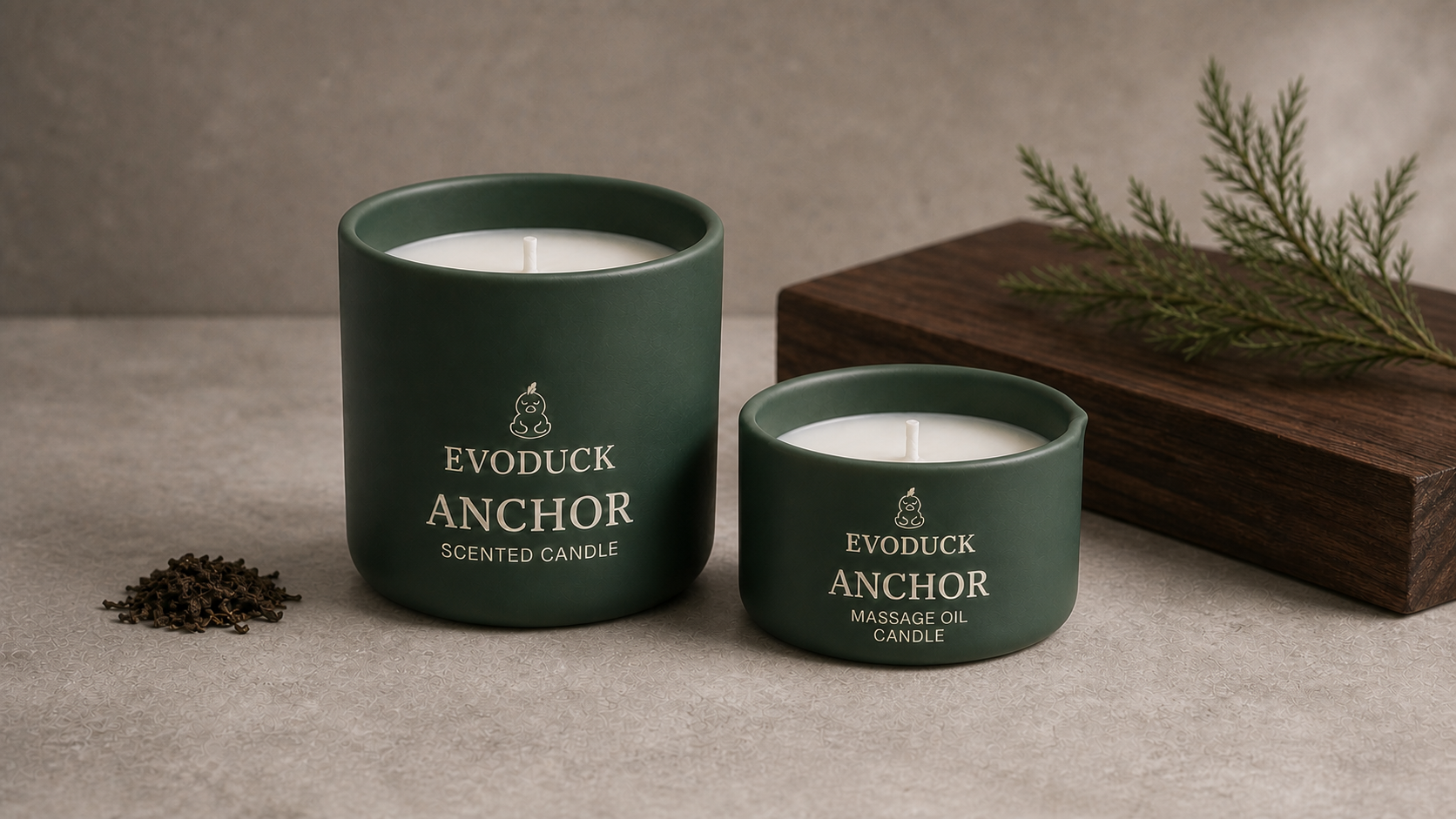 AI Product Visual / 产品效果图: ANCHOR Room and Body candles with dark wood and green botanical styling; not ingredient or therapeutic proof.