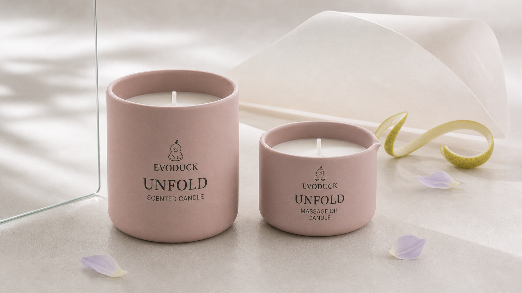 AI Product Visual / 产品效果图: UNFOLD Room and Body candles with soft rose and folded-paper styling; not ingredient or relief proof.
