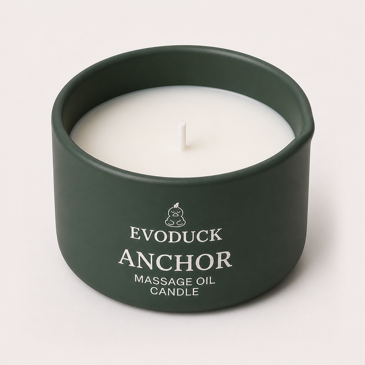 AI Product Visual / 产品效果图: ANCHOR Body 4oz Massage Oil Candle viewed from above; not final label, package, ingredient, or safety evidence.