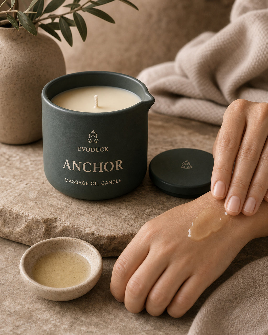 EVODUCK Anchor massage oil candle 05 ritual use product image.