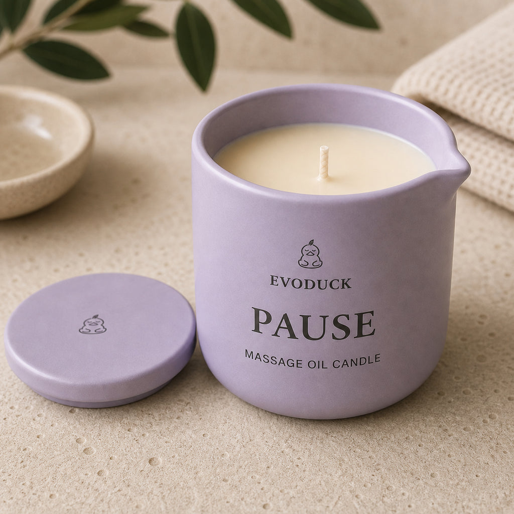 EVODUCK Pause massage oil candle 02 angle detail product image.