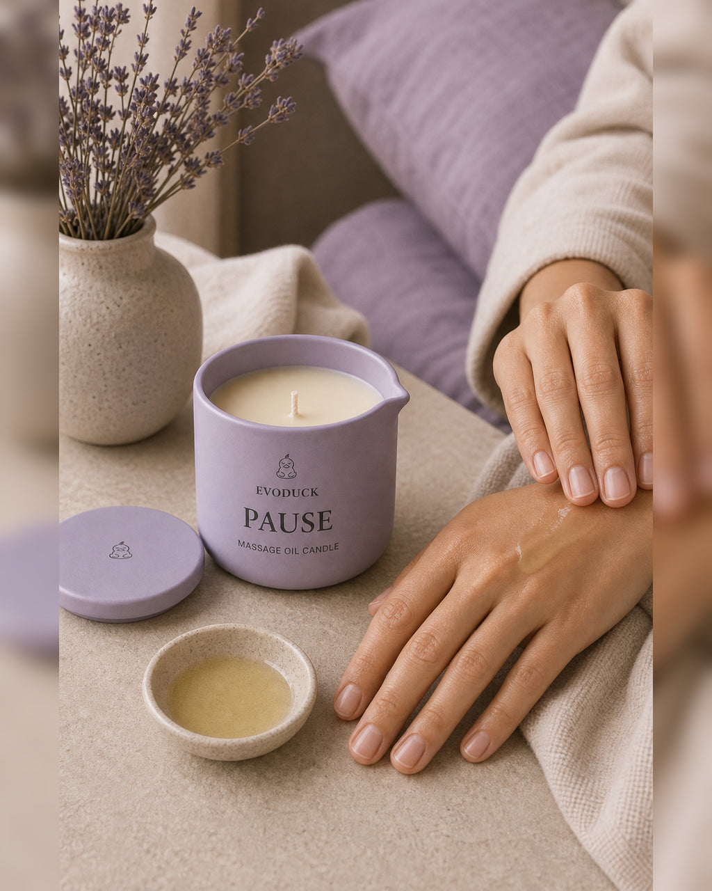 EVODUCK Pause massage oil candle 05 ritual use product image.