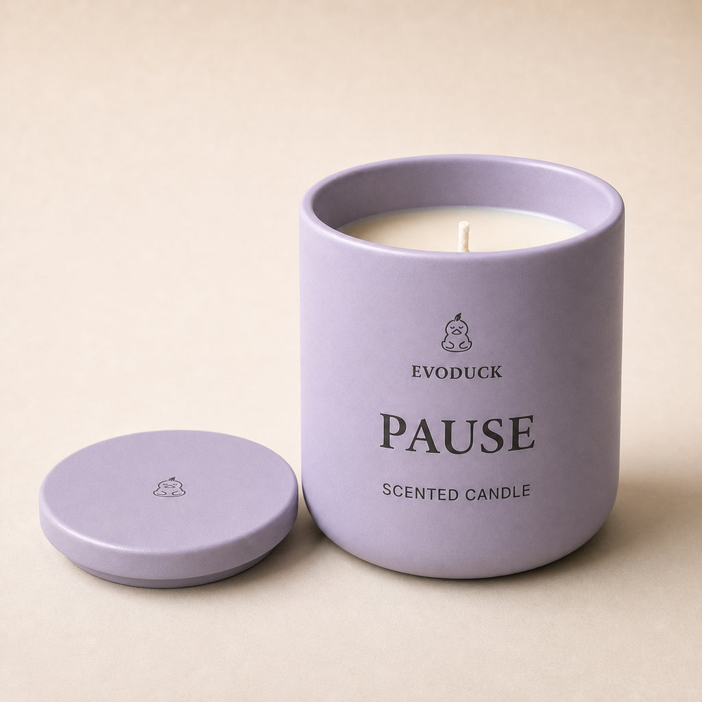EVODUCK PAUSE Scented Candle hero image in lavender matte ceramic vessel with wax and wick