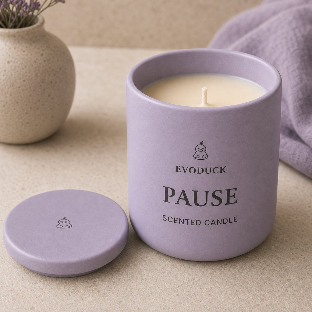 EVODUCK PAUSE Scented Candle angle detail showing lavender ceramic vessel, wax surface, wick, and matching lid