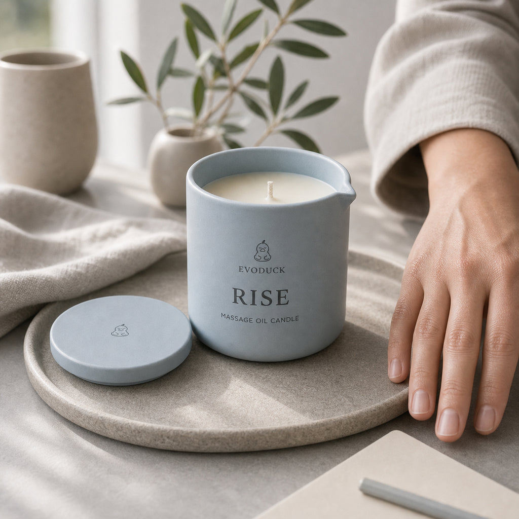 EVODUCK Rise massage oil candle 07 safety scale product image.