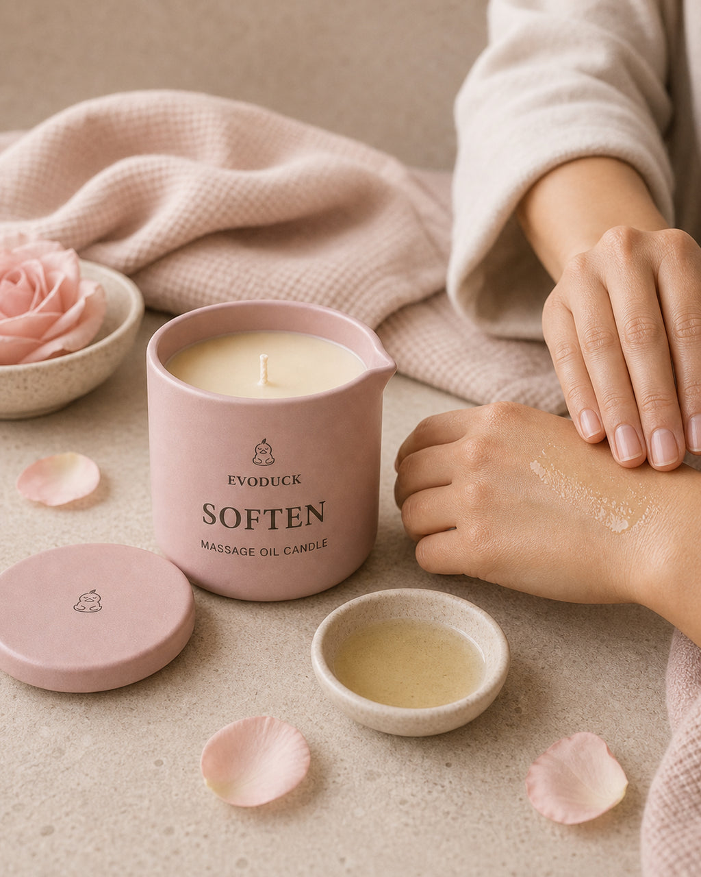 EVODUCK Soften massage oil candle 05 ritual use product image.