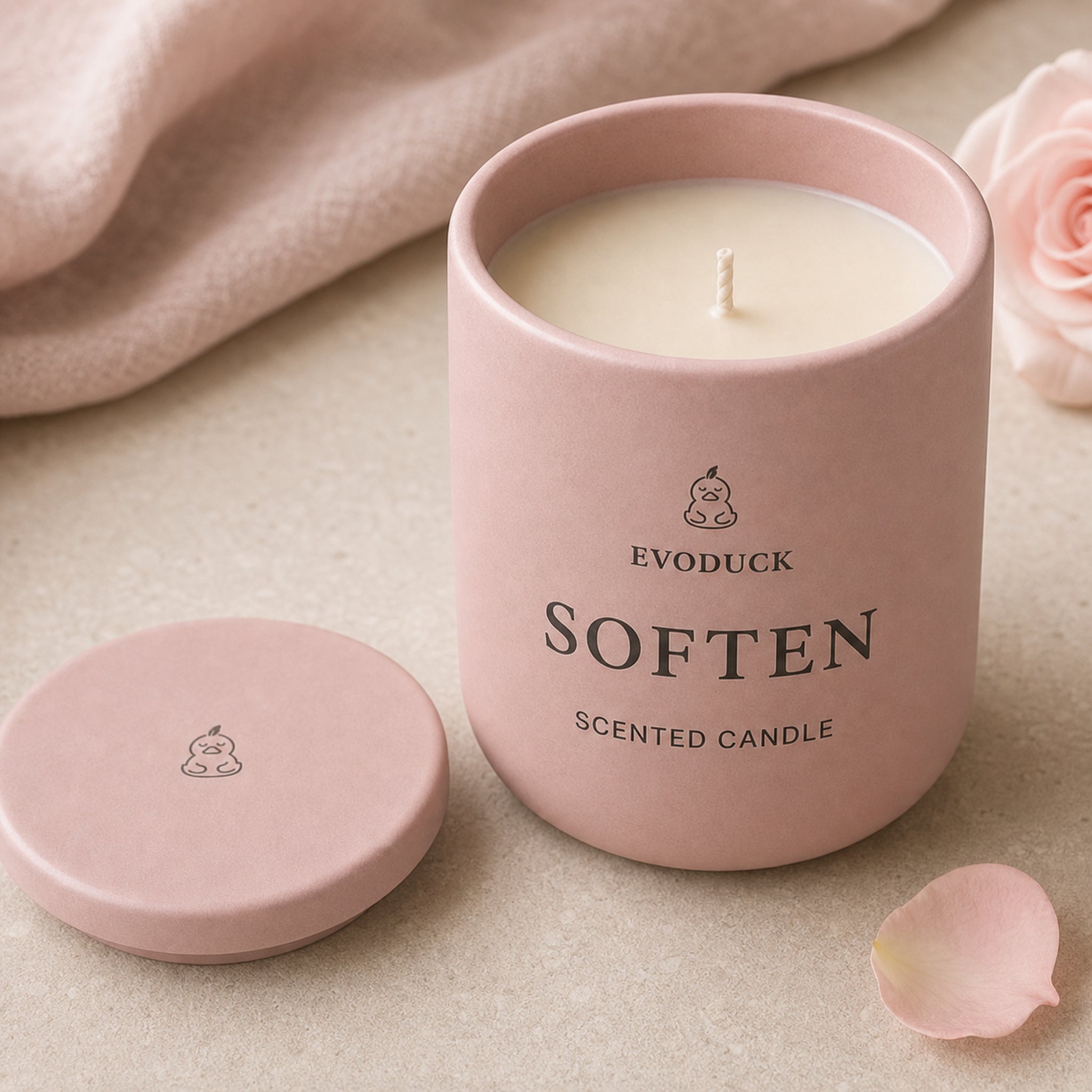 EVODUCK Soften scented candle 02 angle detail product image.