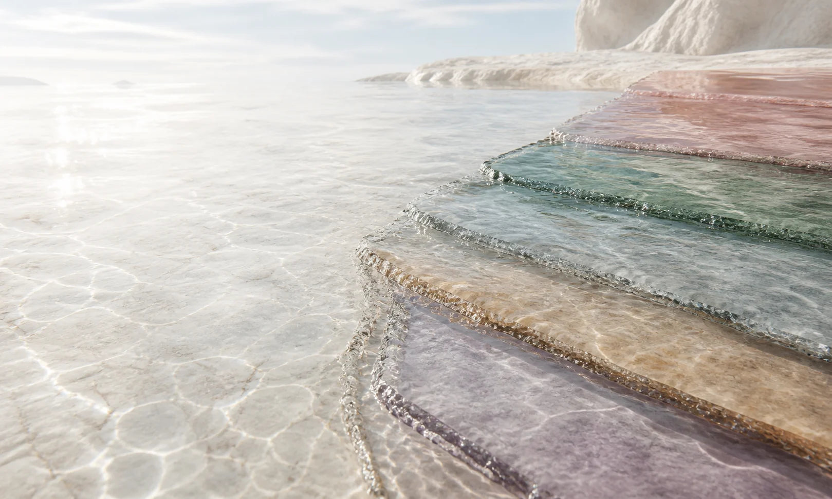 AI editorial visual: five translucent material layers beneath clear moving water