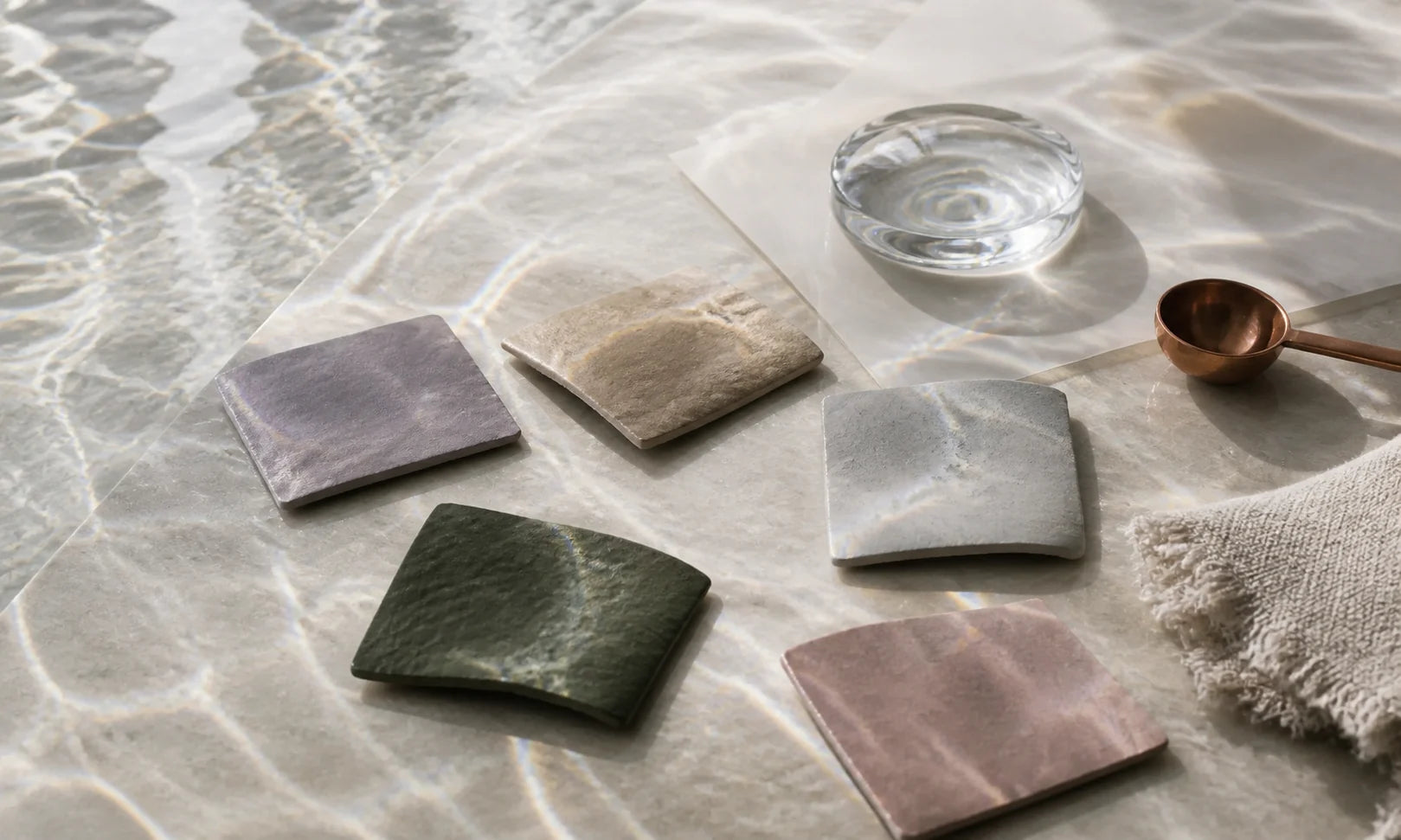 AI editorial visual: five EVODUCK Mood color material tiles with water and fabric; not product, scent, or ingredient proof